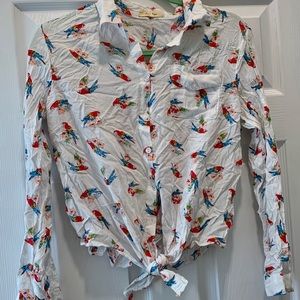 Love Notes Vintage Button-Up Tie Parrot Blouse L